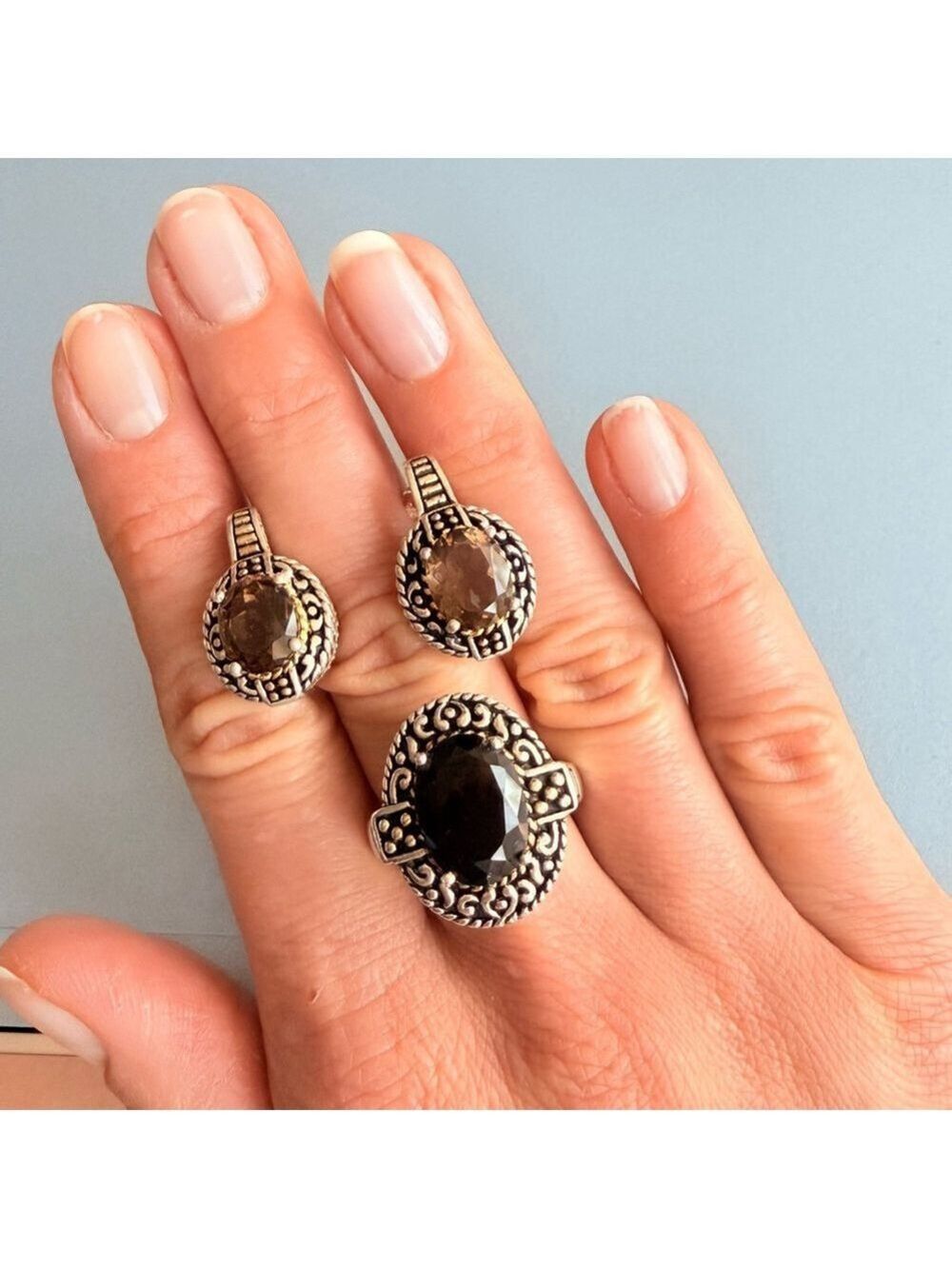 Smoky Topaz 2 Tone Sterling Silver Dotted Filigree CJ JC Designer Stud E… - Picture 8 of 9